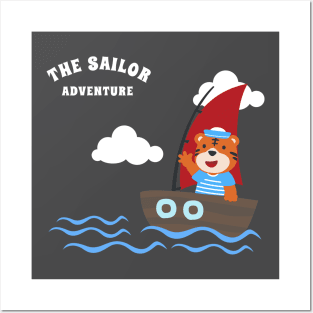 Funny tiger sailor cartoon vector on little boat with cartoon style. Posters and Art